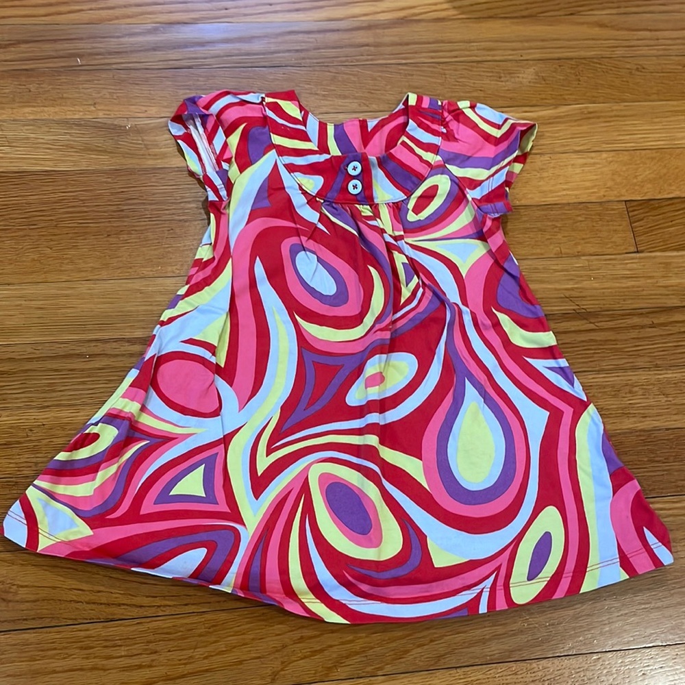 Hannah Andersson multicolor swirl dress, blue button detail, size 3t/90cm